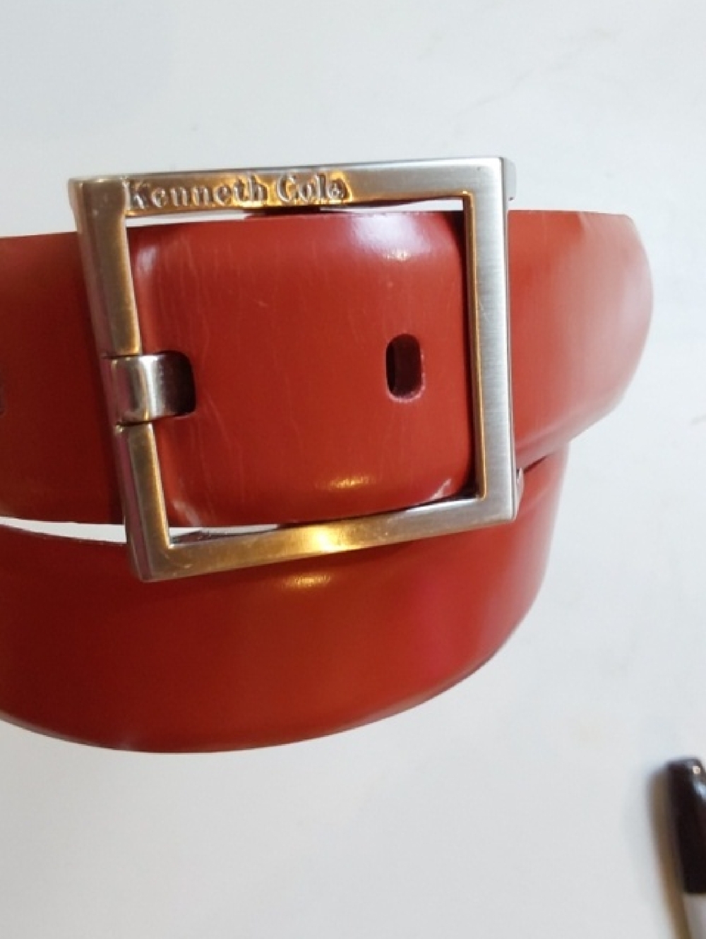 Kenneth Cole|Womens Red Leather Belt with Square Silver Buckle Mod Sleek Sz.L